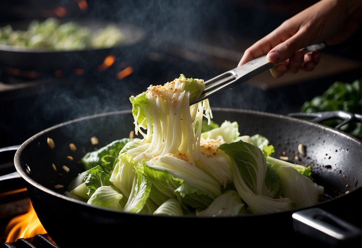 Fresh Chinese cabbage being sliced, seasoned, and stir-fried in a wok over a sizzling flame
