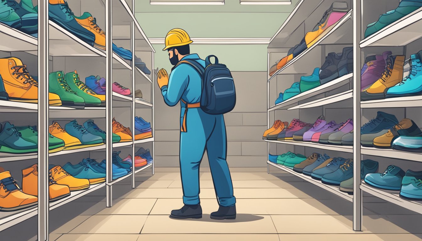 A worker trying on safety shoes in a store, surrounded by shelves of various safety shoe options