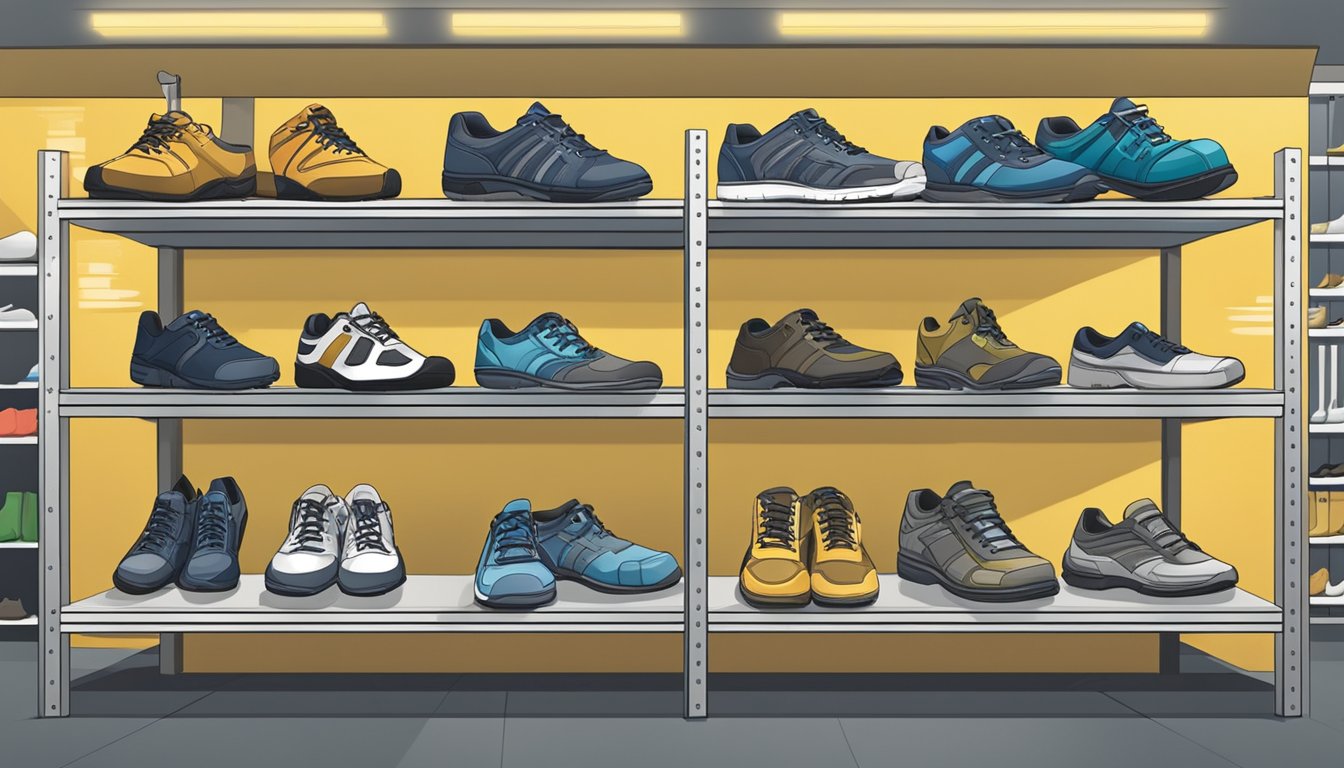 A display of various safety shoes in a well-lit store with clear signage indicating "Frequently Asked Questions" about purchasing in Singapore