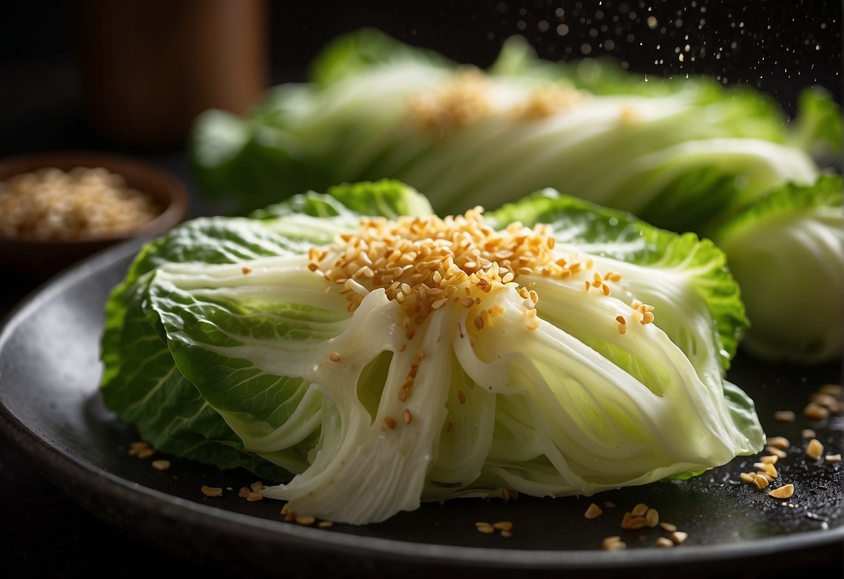 Chinese cabbage being washed, sliced, and seasoned with soy sauce and garlic, ready for cooking