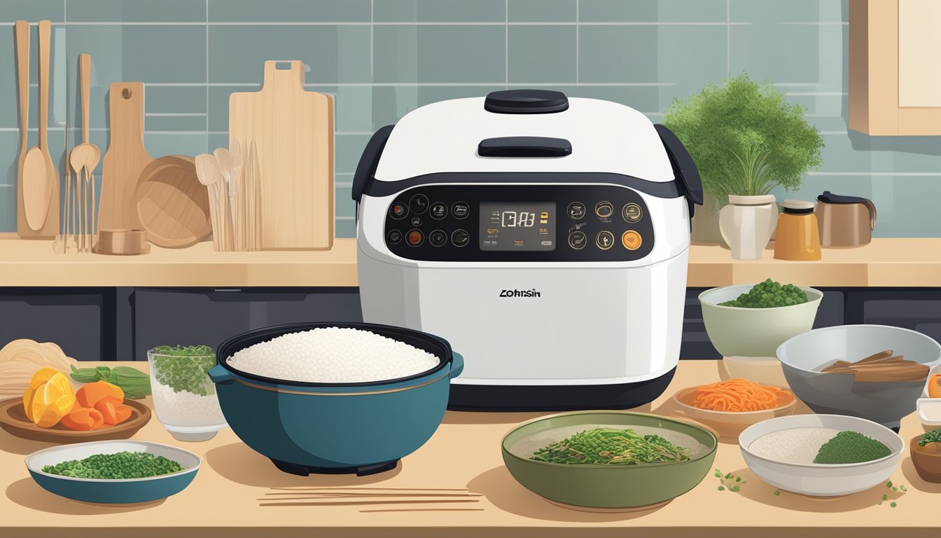 A modern kitchen with a sleek Zojirushi rice cooker on the countertop, surrounded by various Asian cooking ingredients and utensils