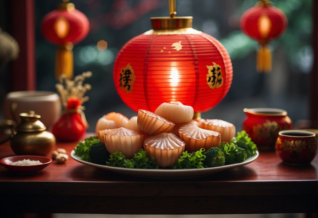 A table adorned with fresh scallops, ginger, garlic, and soy sauce. Red lanterns hang in the background, symbolizing good luck for the Chinese New Year
