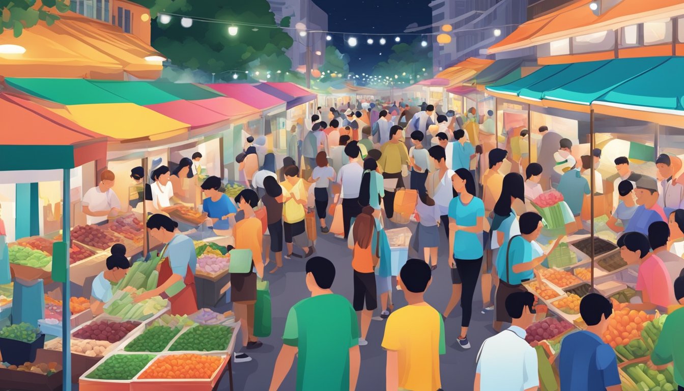 A bustling street market in Singapore, with colorful stalls selling a variety of posters. Bright lights and a diverse crowd add to the lively atmosphere