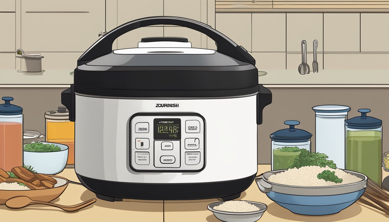 A sleek Zojirushi rice cooker sits on a modern kitchen countertop, surrounded by various cooking ingredients and utensils. The cooker's logo and features are prominently displayed