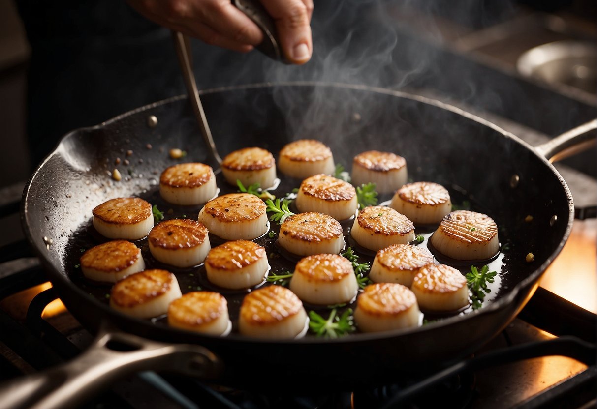Scallops sizzling in a hot pan, golden brown and caramelized. A chef expertly flips them with a spatula, creating a mouthwatering aroma