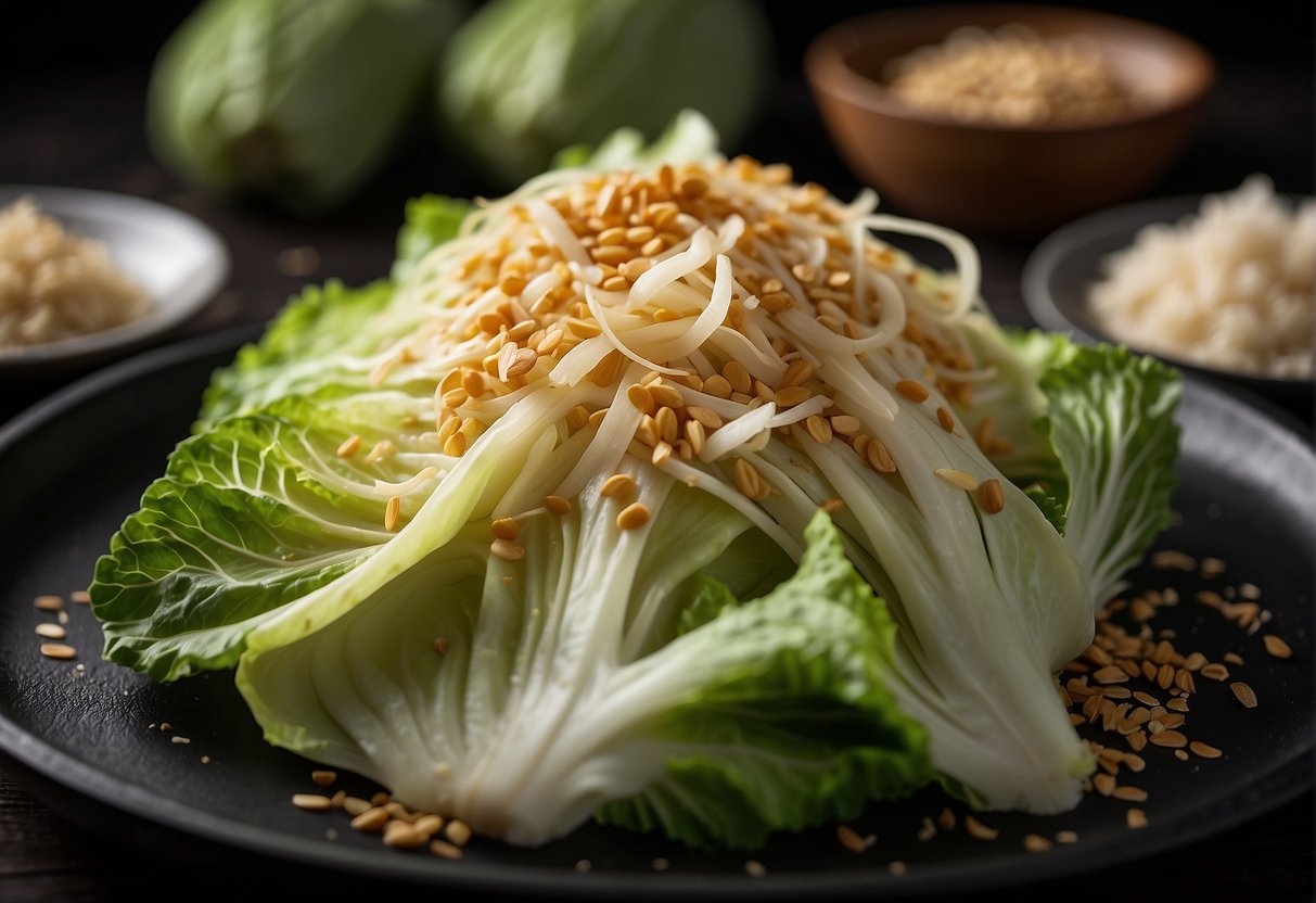 A head of Chinese cabbage being sliced and seasoned with soy sauce, garlic, and ginger, ready to be stir-fried in a wok
