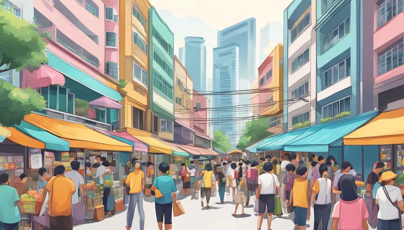A crowded street in Singapore with various shops and vendors selling colorful posters