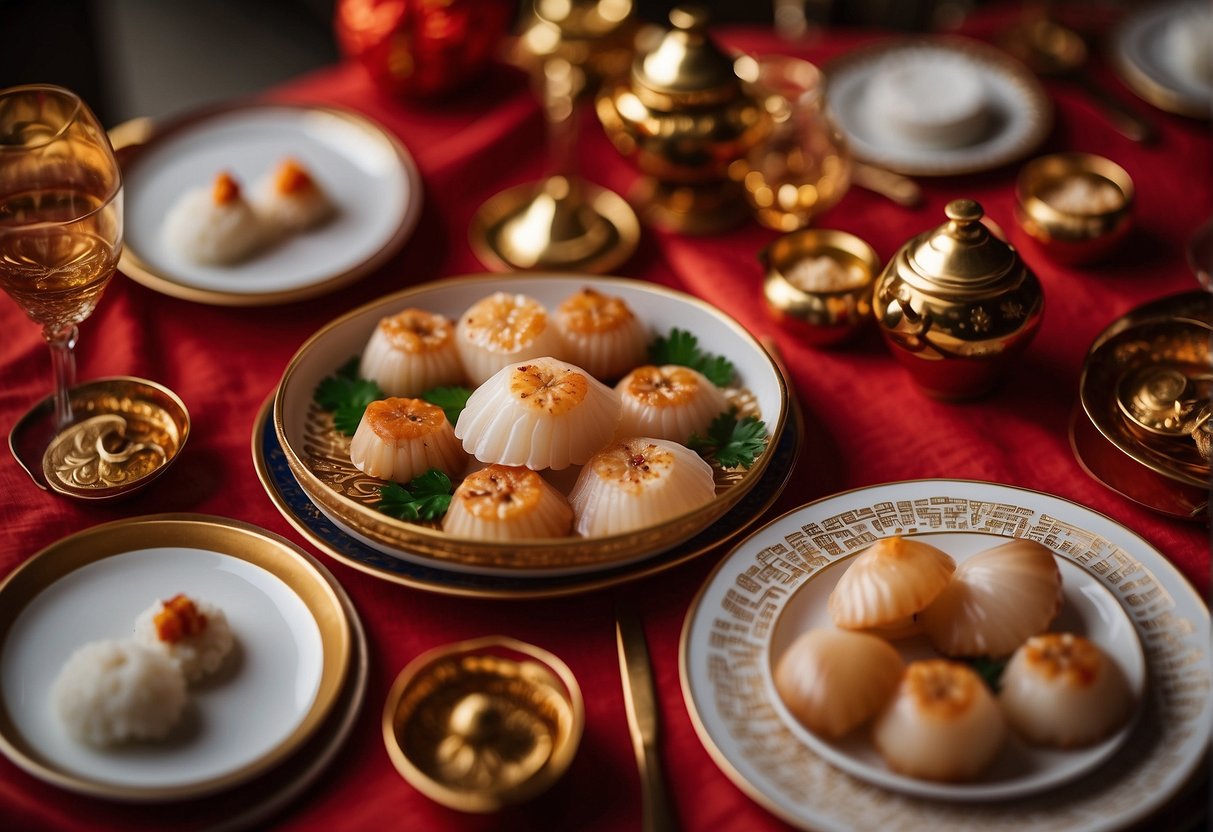 A table set with elegant Chinese New Year scallop dishes, surrounded by traditional red and gold decorations