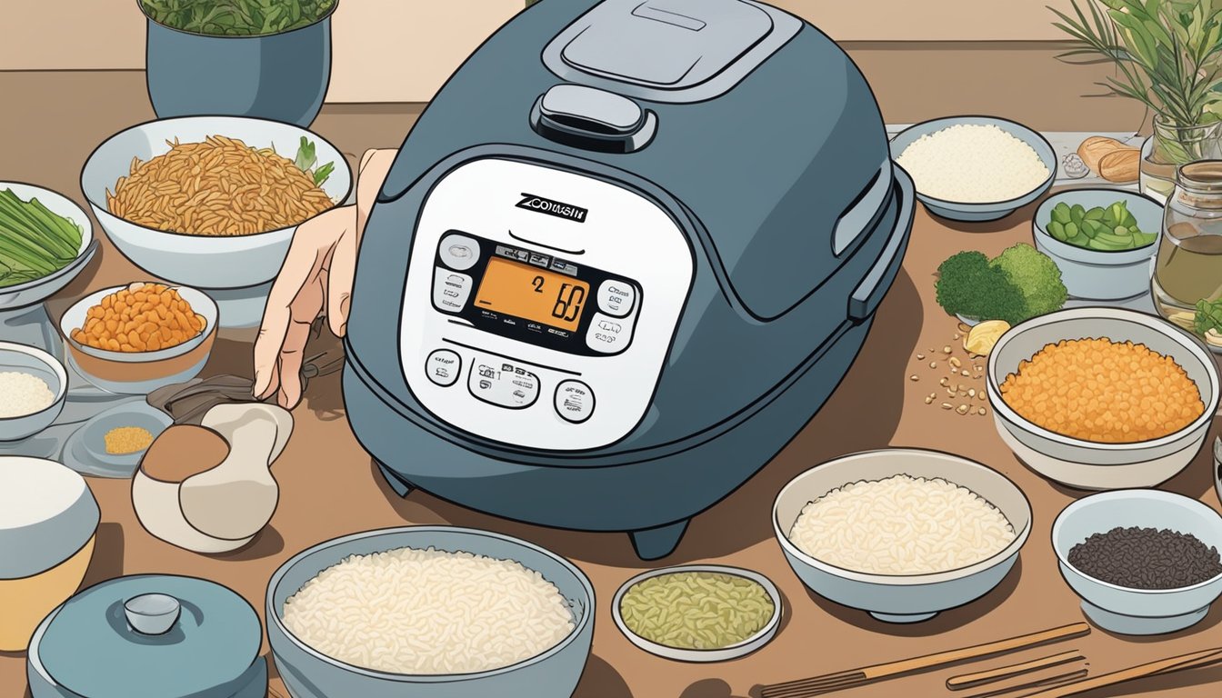 A person using a Zojirushi rice cooker, surrounded by various types of rice and ingredients, carefully selecting the perfect companion for their meal