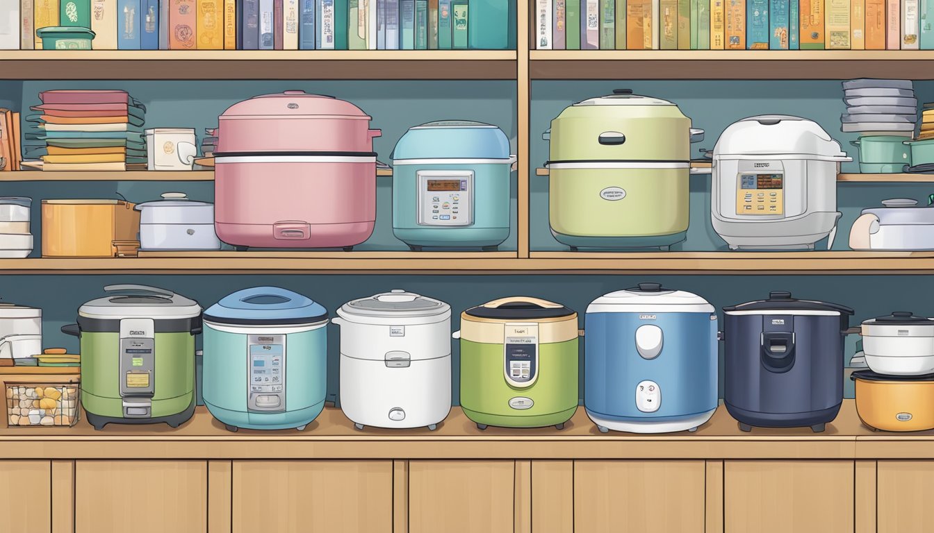 A stack of colorful pamphlets with "Frequently Asked Questions buy Zojirushi rice cooker Singapore" printed on the cover, surrounded by various models of rice cookers displayed on shelves