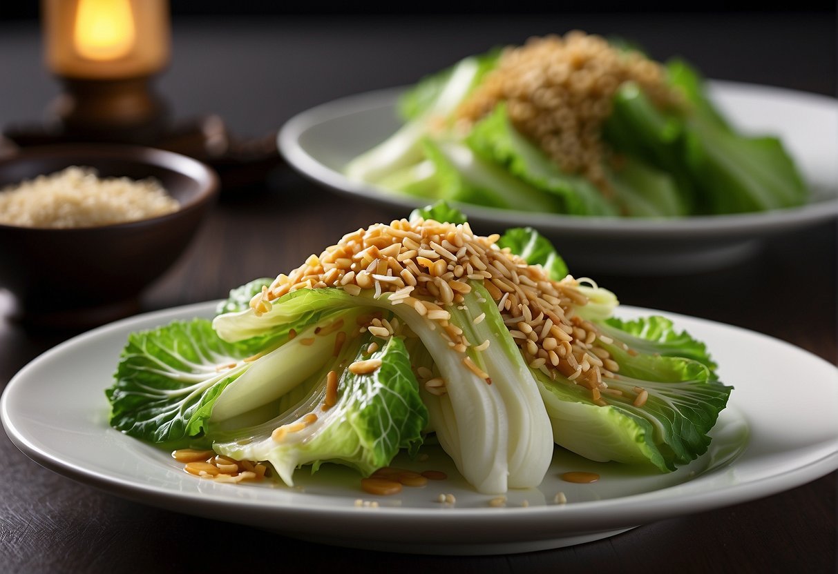 A white plate with neatly arranged stir-fried Chinese cabbage, garnished with sesame seeds and a drizzle of soy sauce
