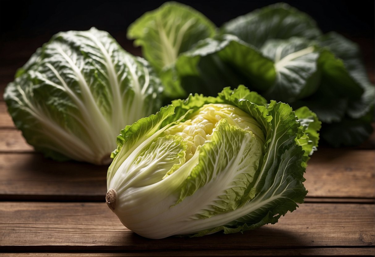 A head of Chinese cabbage with a simple recipe card beside it, displaying nutritional information
