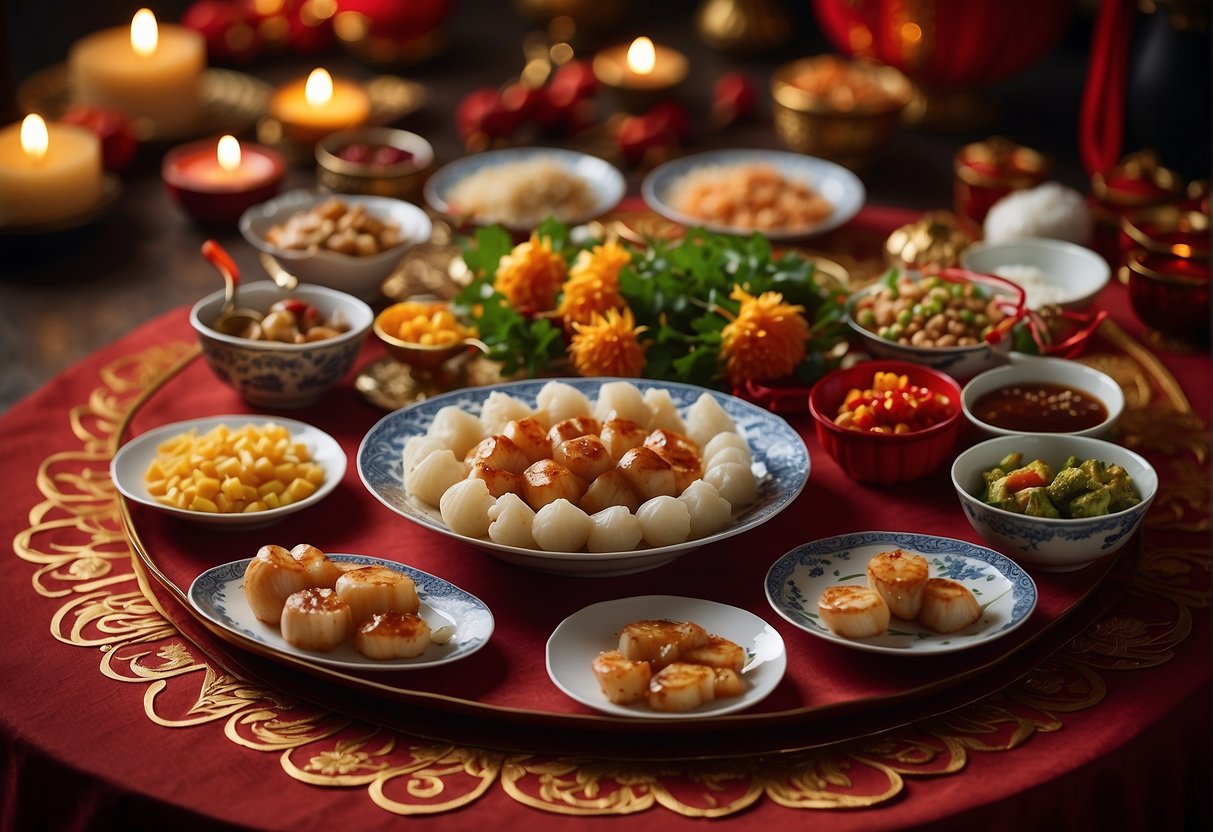 A festive table set with Chinese New Year decorations, featuring a platter of scallop dishes and a banner reading "Frequently Asked Questions Chinese New Year Scallop Recipes."