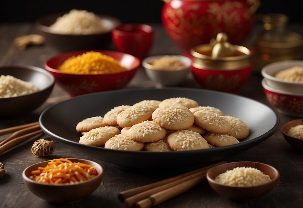 A table set with ingredients and utensils for making Chinese New Year sesame cookies