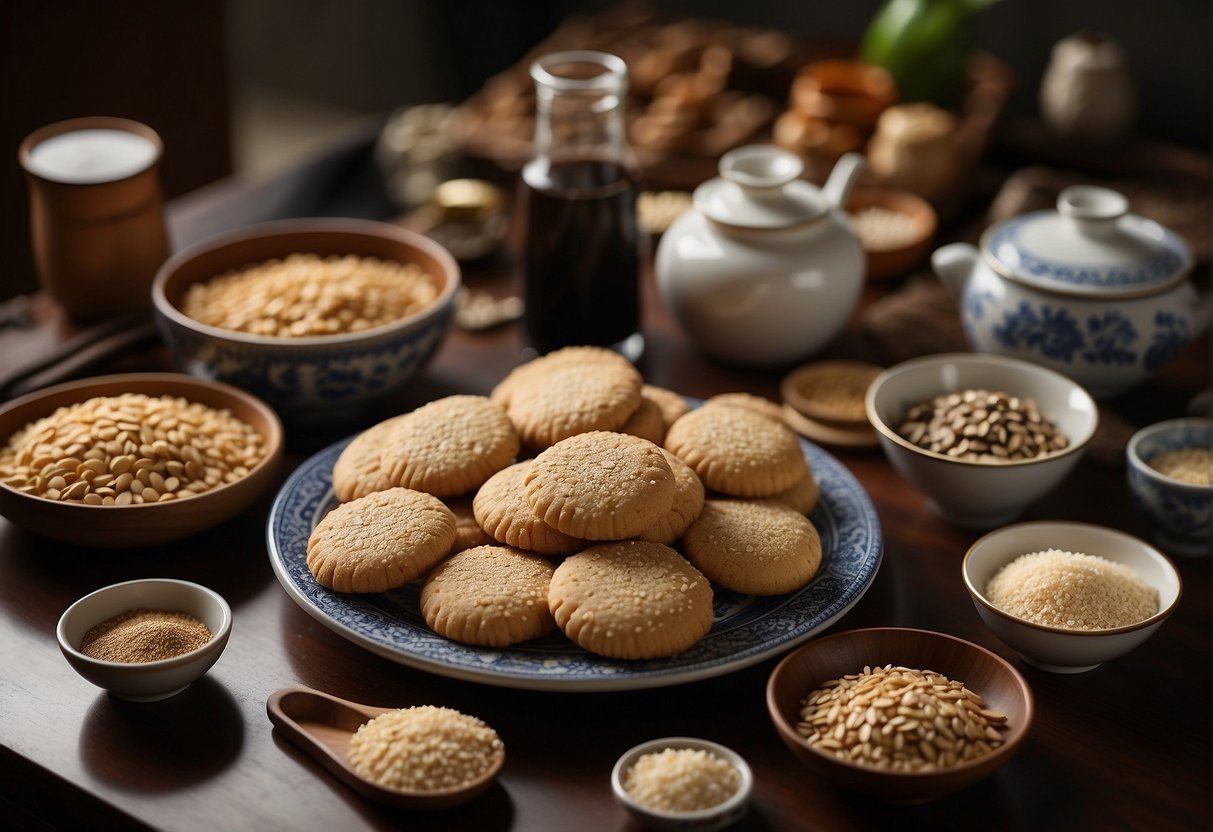 A table spread with ingredients for sesame cookies, surrounded by modern kitchen gadgets and traditional Chinese decor