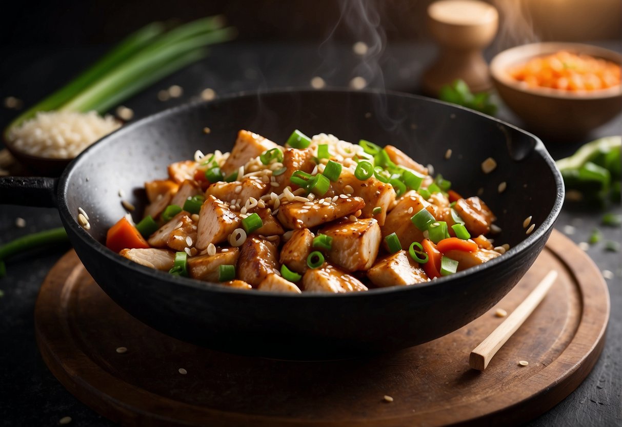 A wok sizzles with diced chicken breast, ginger, garlic, and soy sauce. Green onions and sesame seeds garnish the dish