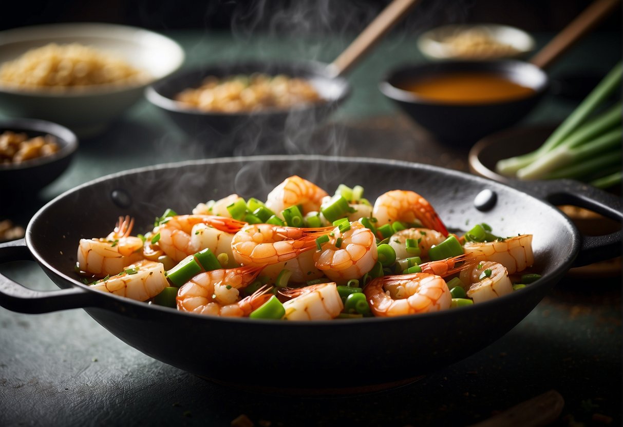 A wok sizzles with marinated shrimp, garlic, and ginger, as a splash of soy sauce and a sprinkle of green onions add the final touches to the Chinese New Year dish