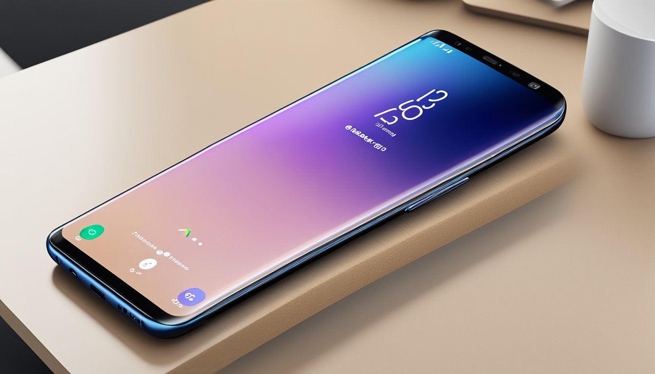 A sleek Samsung Galaxy S8 sits on a modern, minimalist table, with its vibrant screen displaying its impressive features