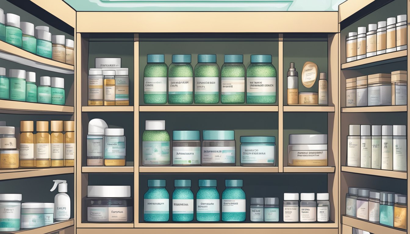 A shelf in a modern pharmacy displaying various skincare products, with a prominent stack of pumice stones labeled "Pumice Stone for Sale" in Singapore