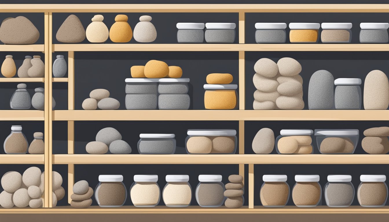 A shelf in a Singaporean store displays various pumice stones, neatly organized by size and type, with price tags clearly visible