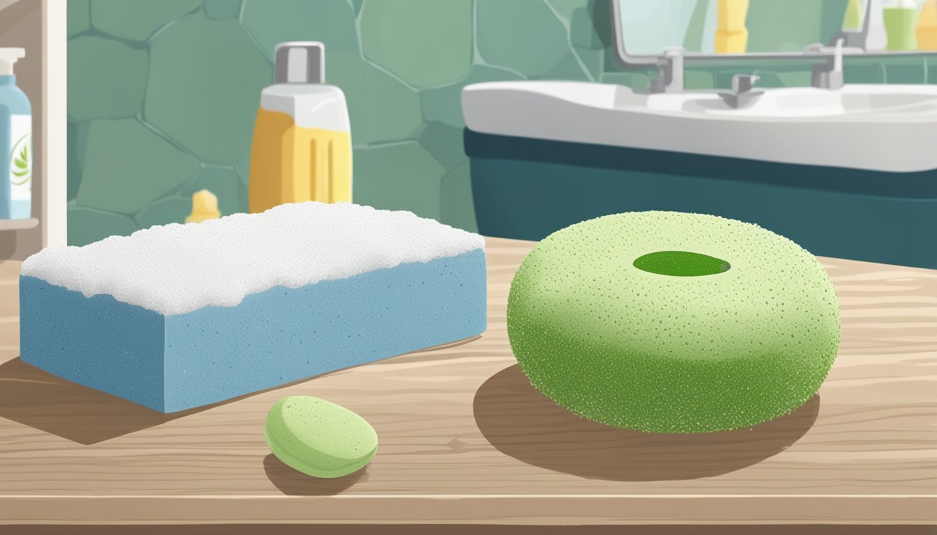Pumice stone sits on a bathroom shelf, next to a bar of soap and a loofah. The stone's porous texture is visible, and it is surrounded by small water droplets from recent use. The bathroom is well-lit,