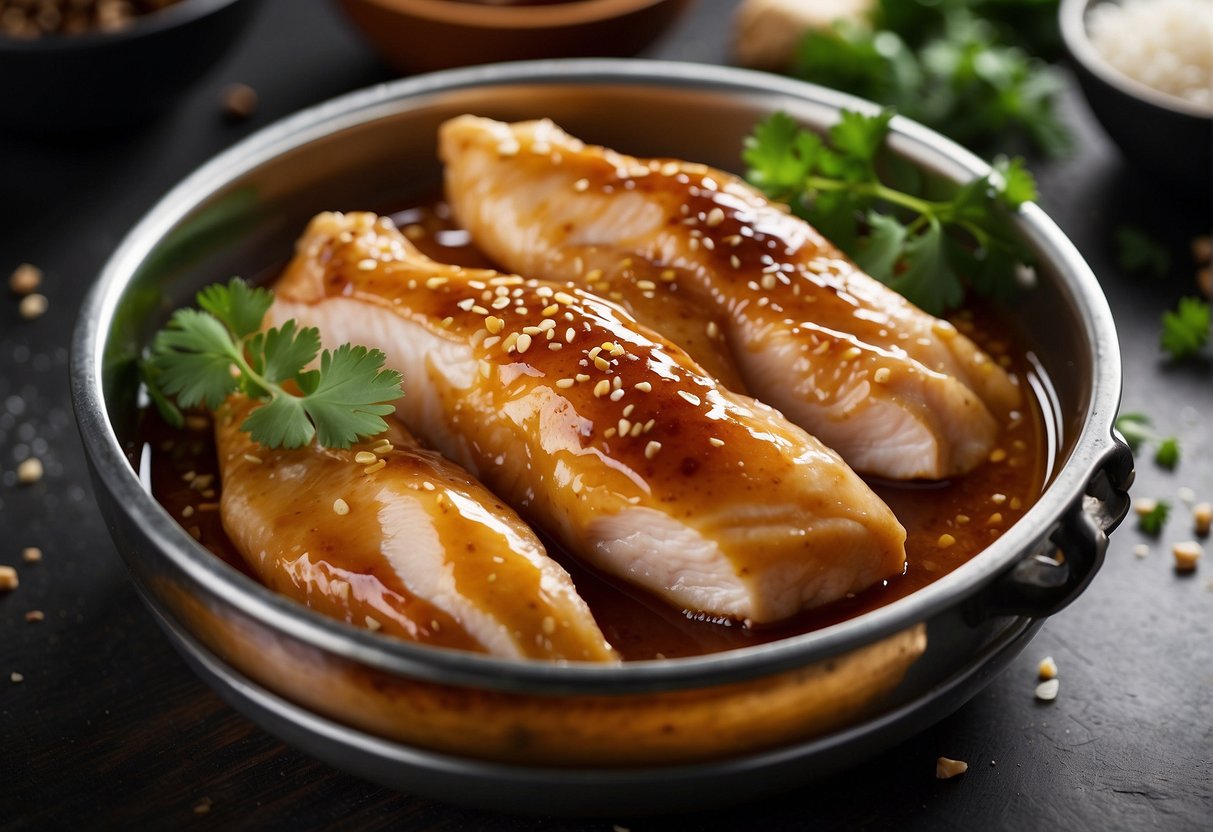 A chicken breast soaking in a mixture of soy sauce, ginger, and garlic, ready to be marinated for a simple Chinese recipe