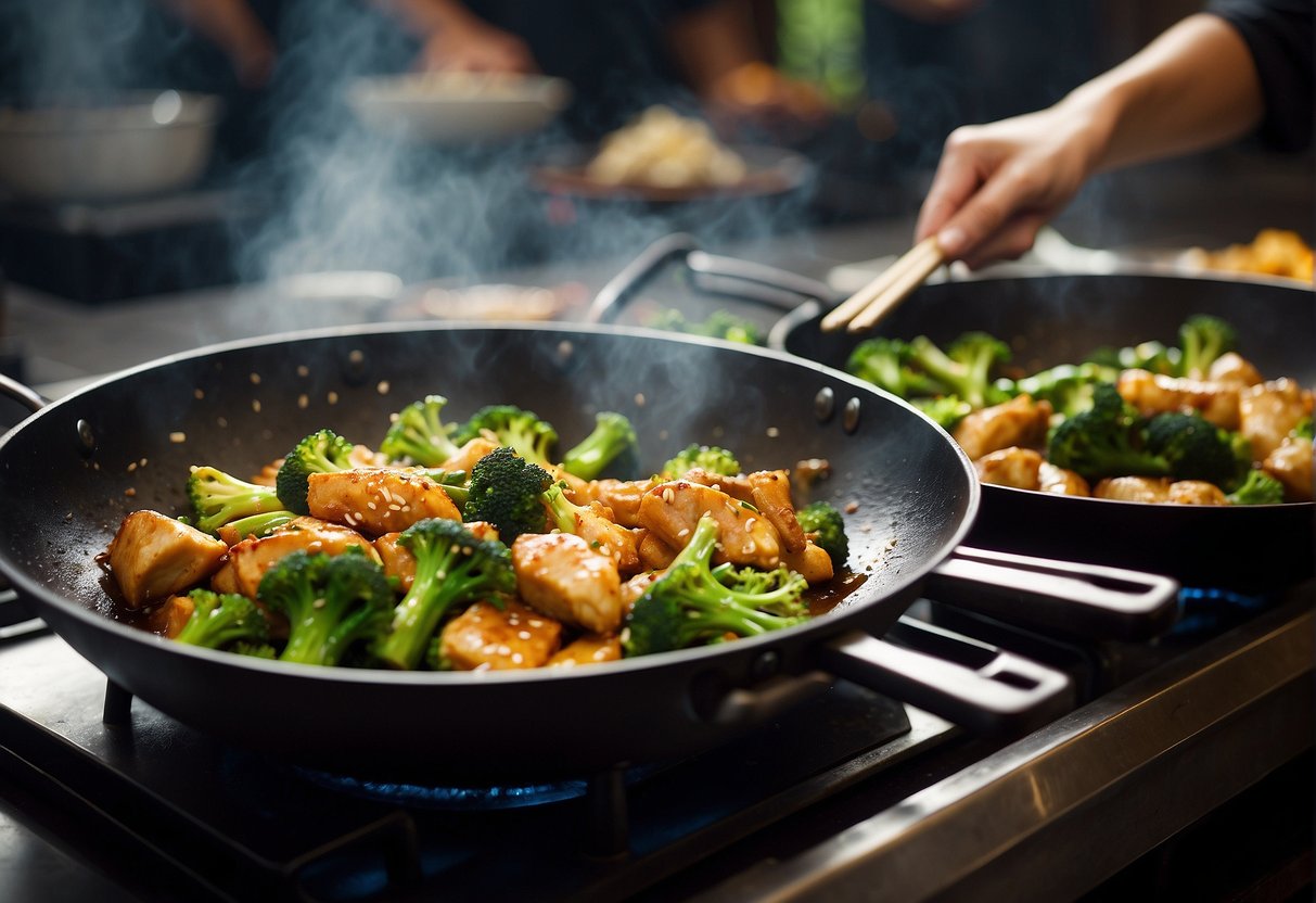 A wok sizzles with tender chicken and vibrant broccoli in a savory garlic sauce