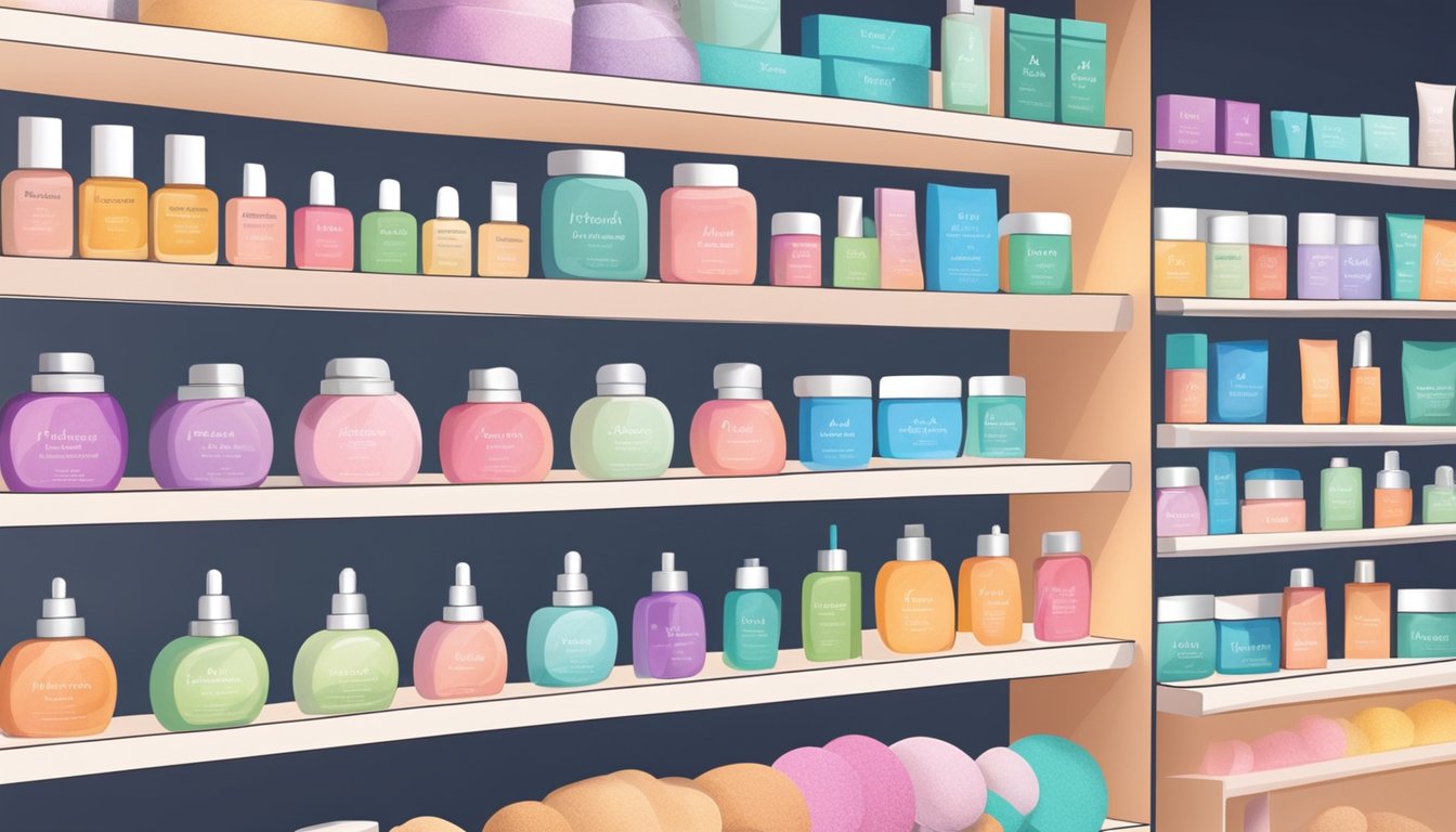 A shelf with various beauty and skincare products, including pumice stones, displayed in a store in Singapore. Bright lighting highlights the products