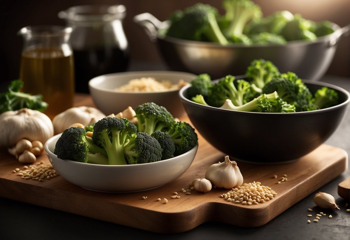 Fresh broccoli and chicken are neatly chopped on a clean cutting board, surrounded by bowls of soy sauce, garlic, and ginger. A wok and spatula sit ready on the stovetop