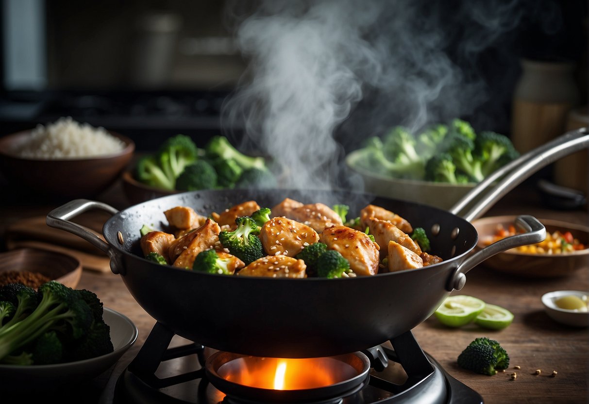 Chicken pieces stir-fried in a wok with broccoli and aromatic Chinese seasonings. Steam rising from the sizzling ingredients