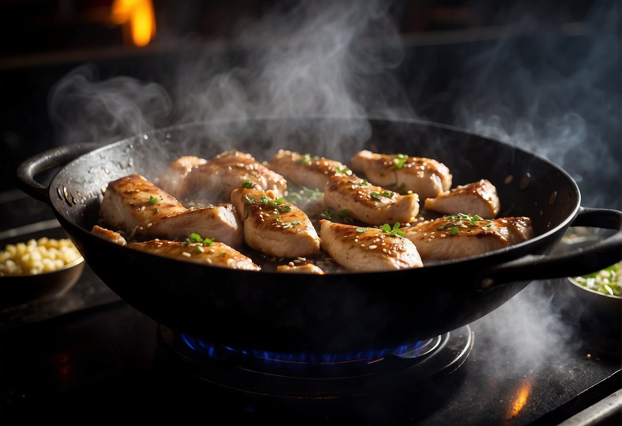 A sizzling chicken breast cooks in a wok with garlic, ginger, and soy sauce. A cloud of steam rises as the meat browns