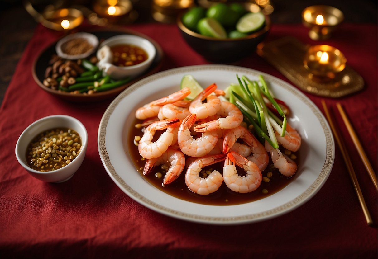A table spread with fresh shrimp, ginger, garlic, scallions, soy sauce, and festive red chili peppers. A vibrant red tablecloth and golden chopsticks add to the festive atmosphere