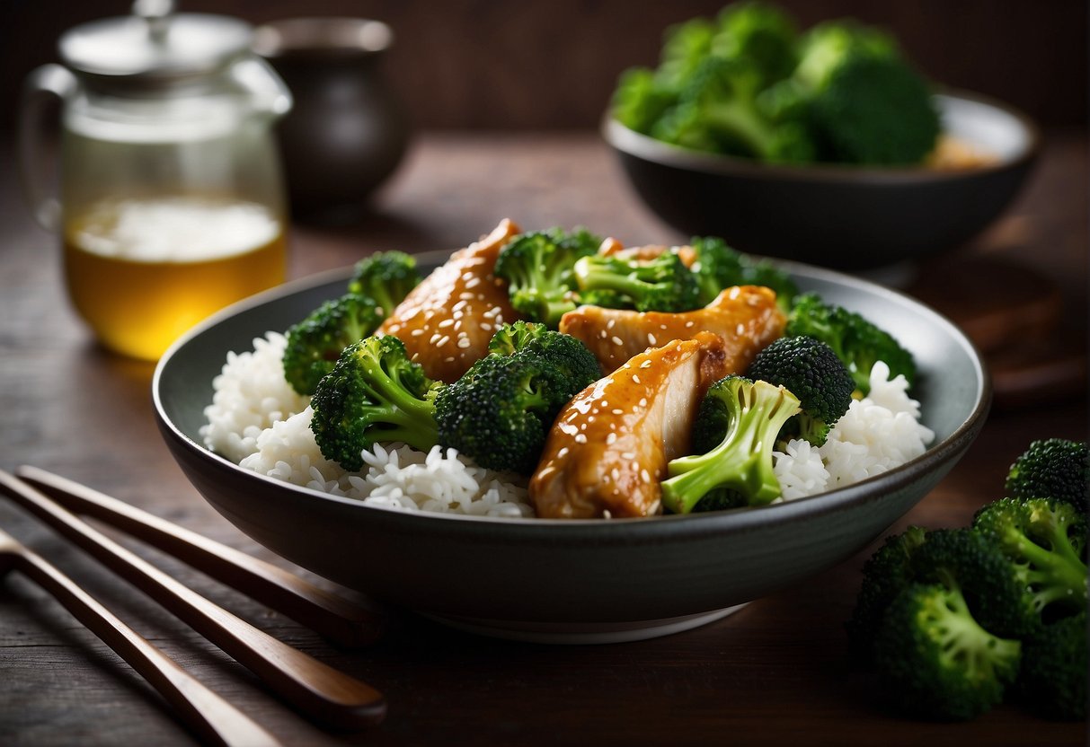 A plate of Chinese chicken and broccoli garnished with sesame seeds, paired with a side of steamed rice, and a pot of green tea