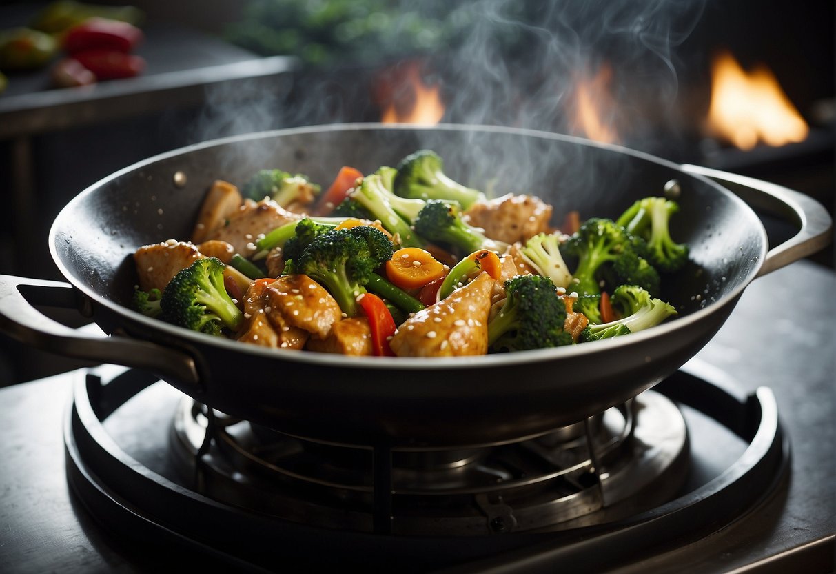 A wok sizzles as chicken and broccoli stir-fry together in a fragrant garlic and ginger sauce. Steam rises, filling the kitchen with savory aromas