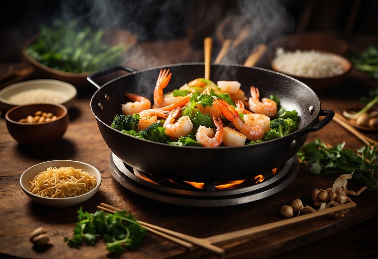 Shrimp being stir-fried in a wok with ginger, garlic, and soy sauce. Surrounding the wok are various Chinese cooking utensils like a cleaver, spatula, and bamboo steamer