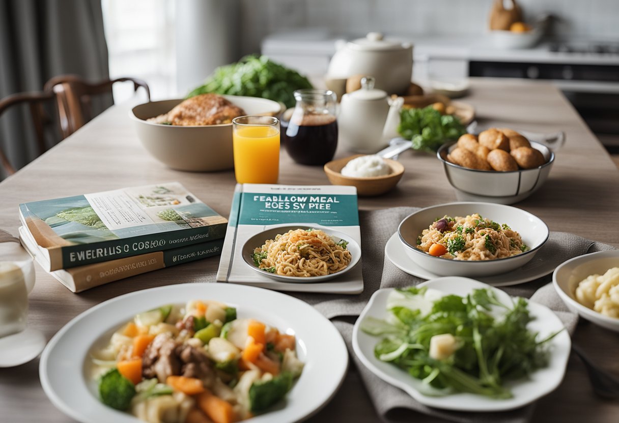 A table set with low carb meal ingredients and a cookbook titled "Fearless Low Carb Meal Recipes" displayed prominently