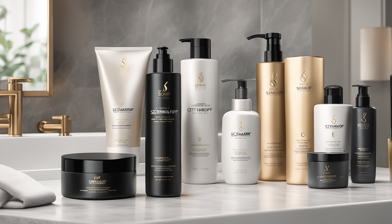 A bottle of Schwarzkopf Strait Therapy sits on a sleek, modern bathroom counter, surrounded by luxurious hair care products