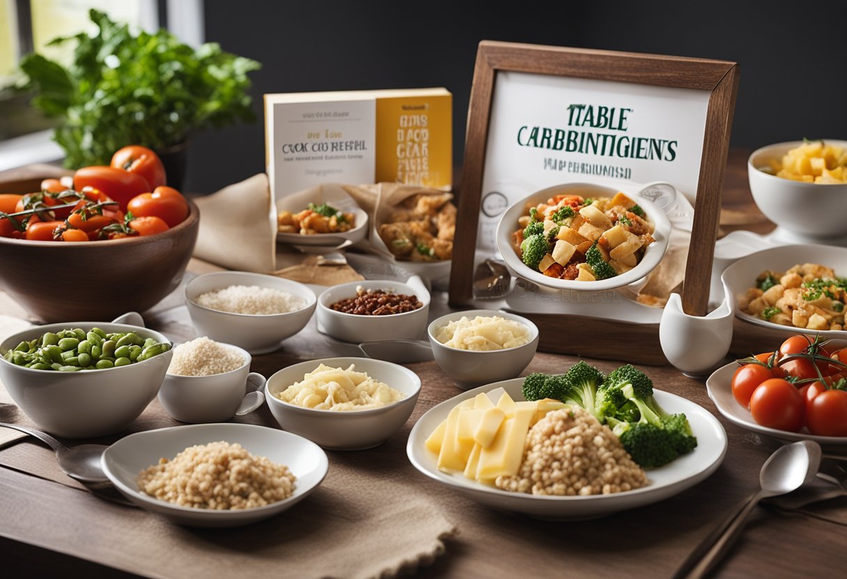 A table set with a variety of low carb meal ingredients, cookbooks, and a promotional sign
