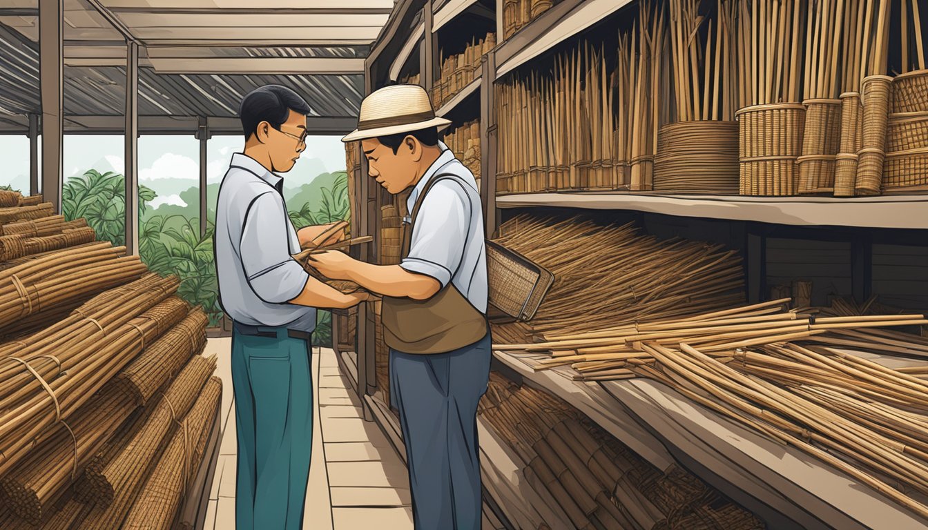 A vendor carefully inspects rattan canes in a Singapore market, ensuring quality and sustainability
