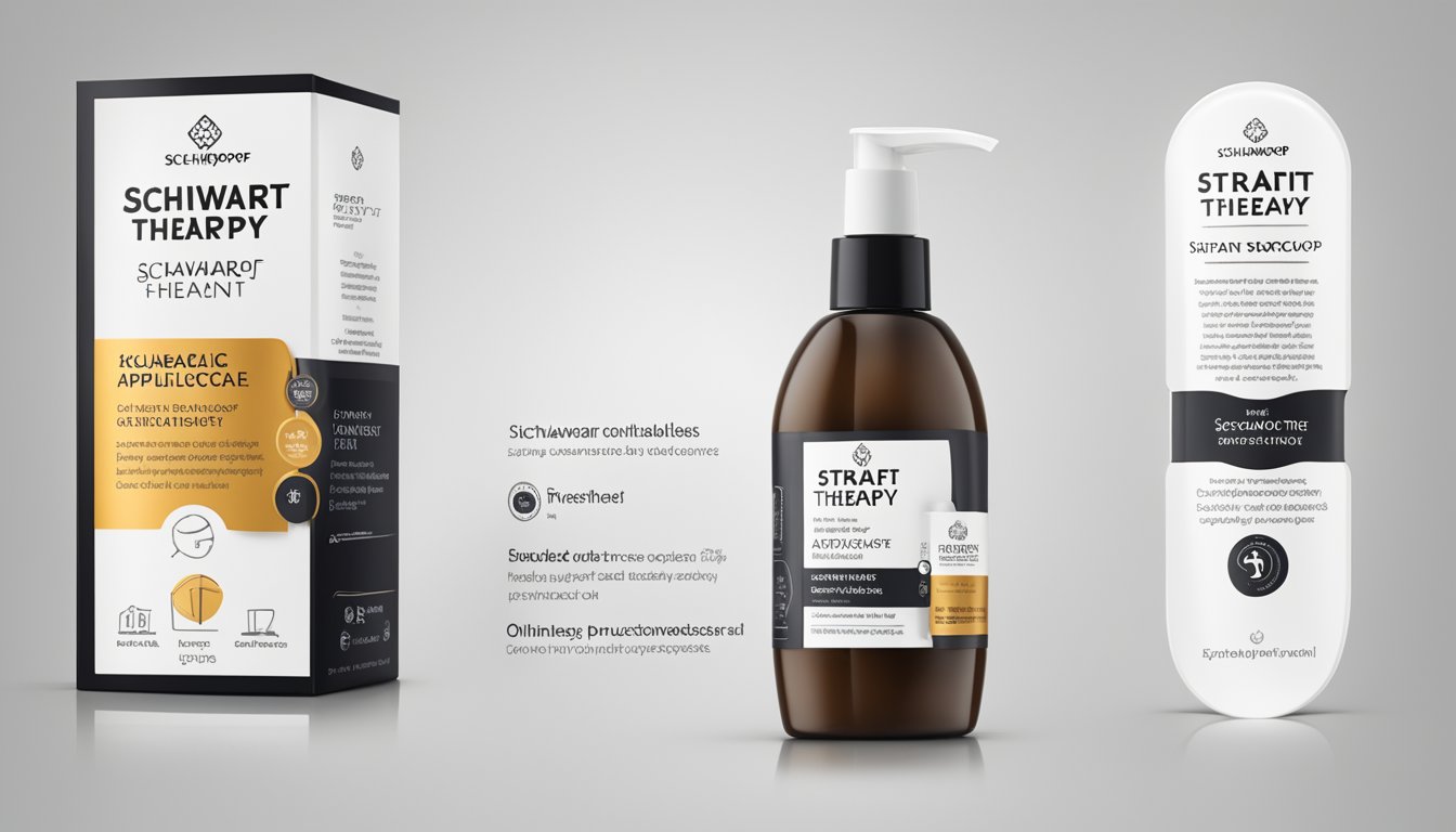 A hand holding a bottle of Schwarzkopf Strait Therapy with application and aftercare tips displayed on the label. Online purchase option visible