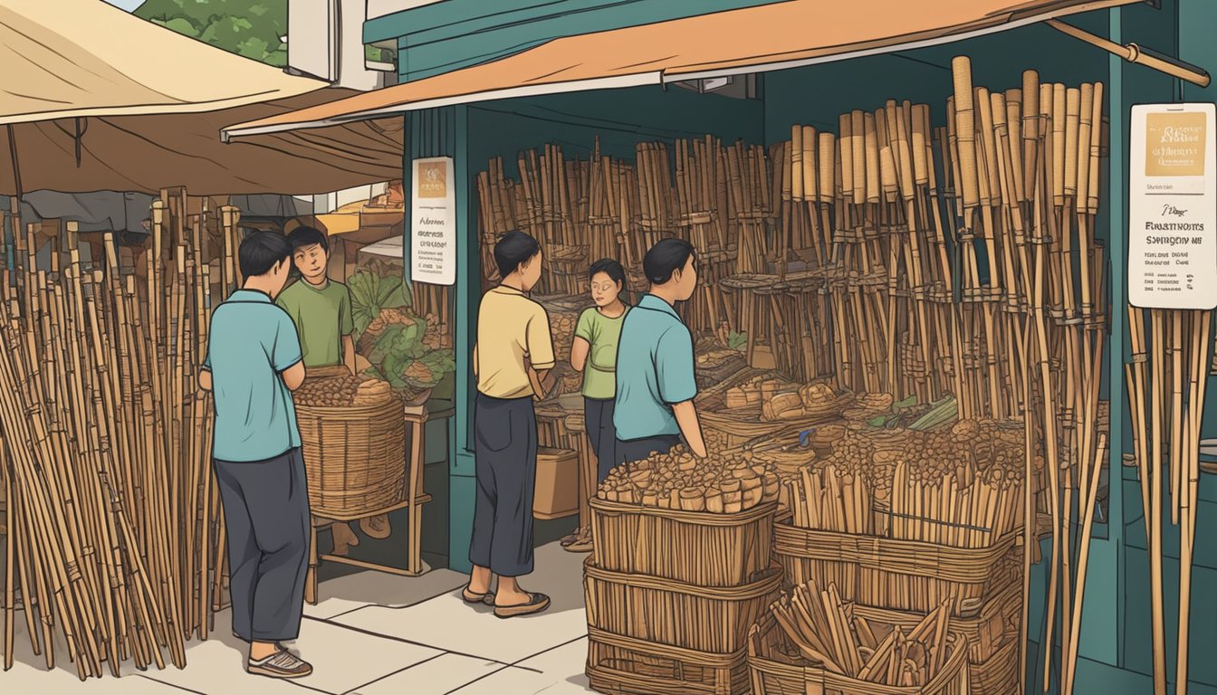 A bustling Singapore market stall displays various rattan canes, with a sign reading "Frequently Asked Questions: Where to buy rattan cane in Singapore."