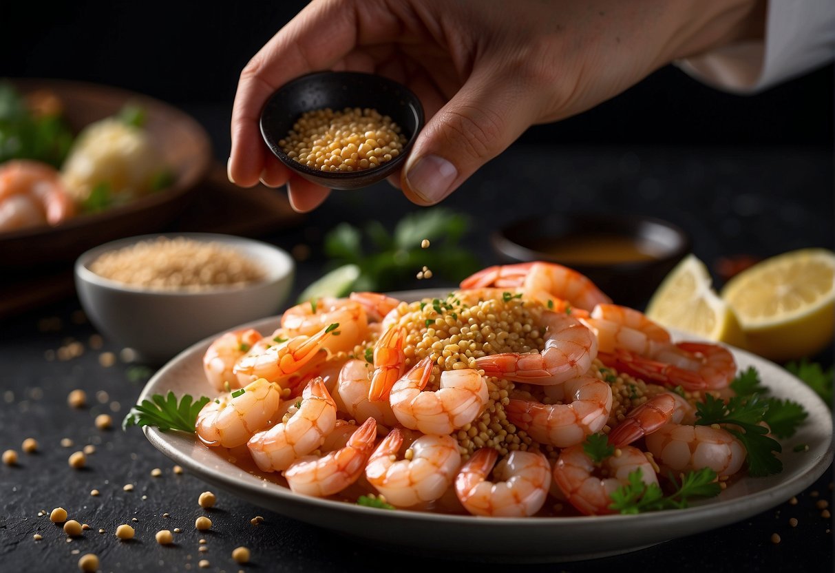 A hand pours soy sauce over a pile of fresh shrimp, while another hand sprinkles garlic and ginger seasoning