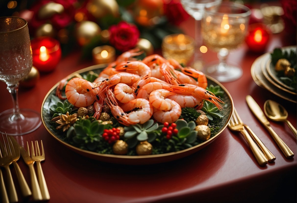 A festive table setting with a platter of succulent shrimp, surrounded by vibrant red and gold decorations for Chinese New Year