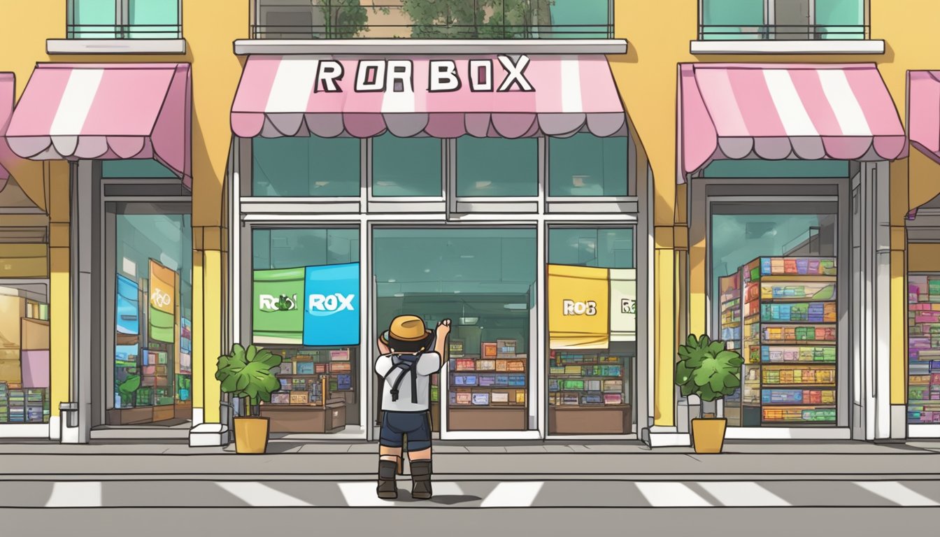 A hand holding a Roblox gift card, standing in front of a store in Singapore, with a sign that reads "Where to buy Robux gift cards."