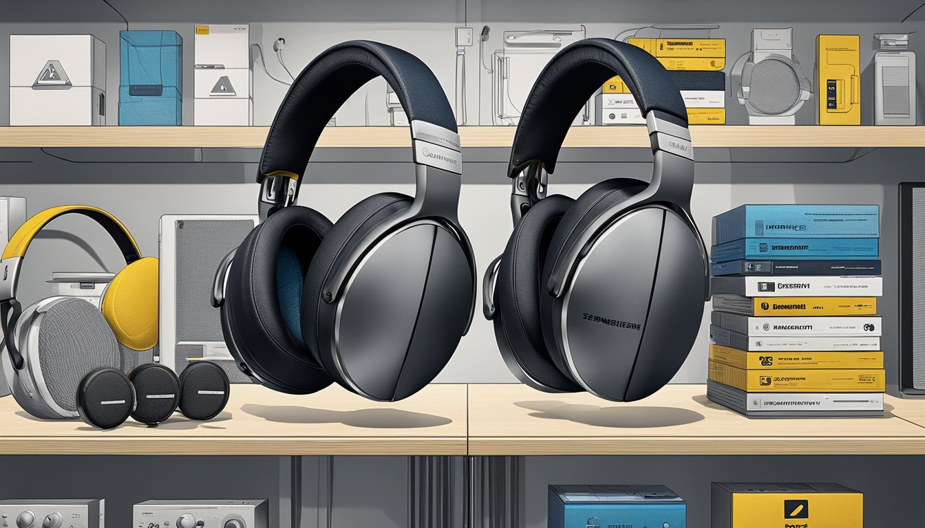 A pair of Sennheiser Momentum 3 headphones sits on a Best Buy store shelf, surrounded by other audio products