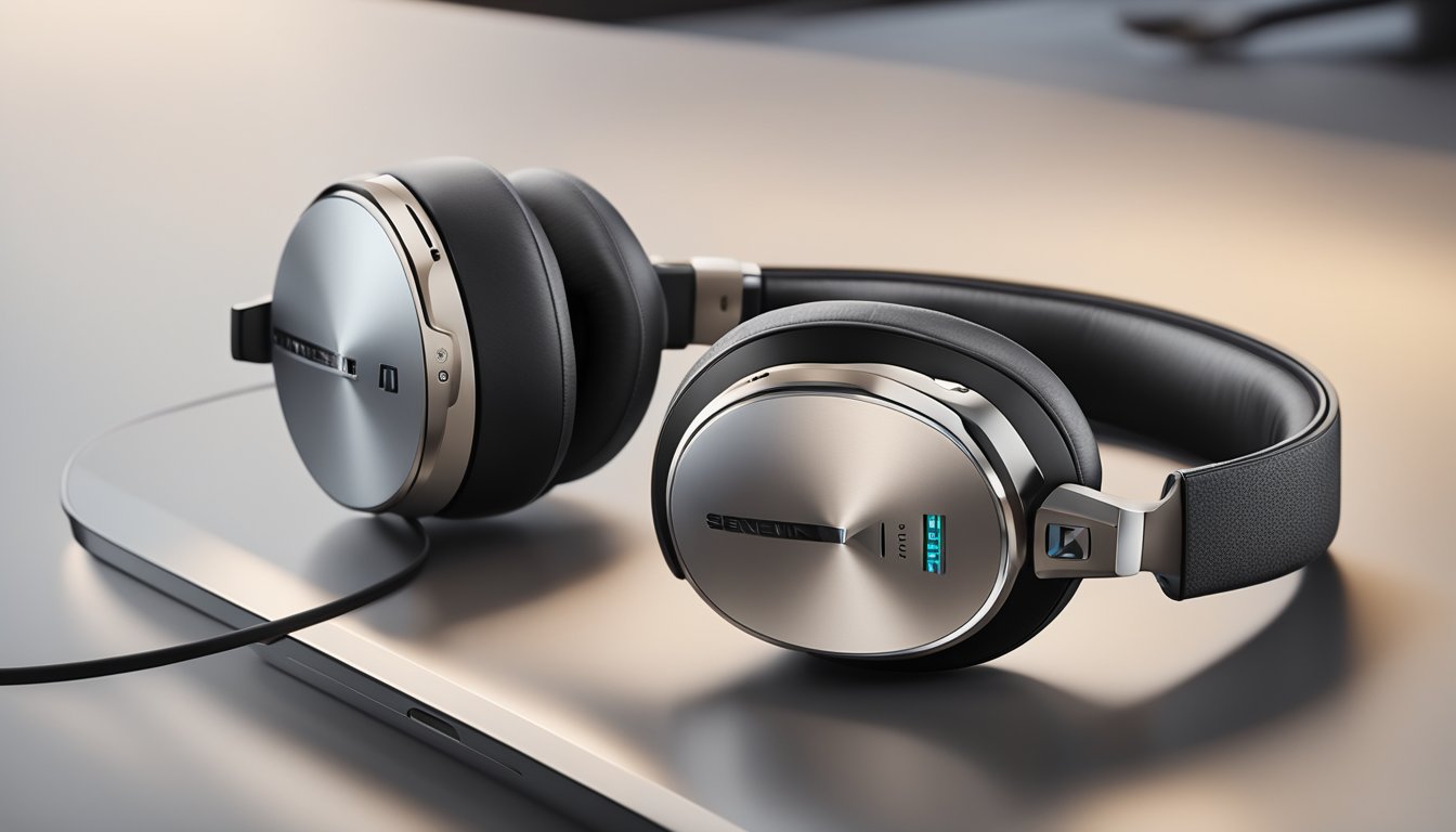 Sennheiser Momentum 3 headphones on a sleek modern table, with soft lighting highlighting their luxurious design and advanced features