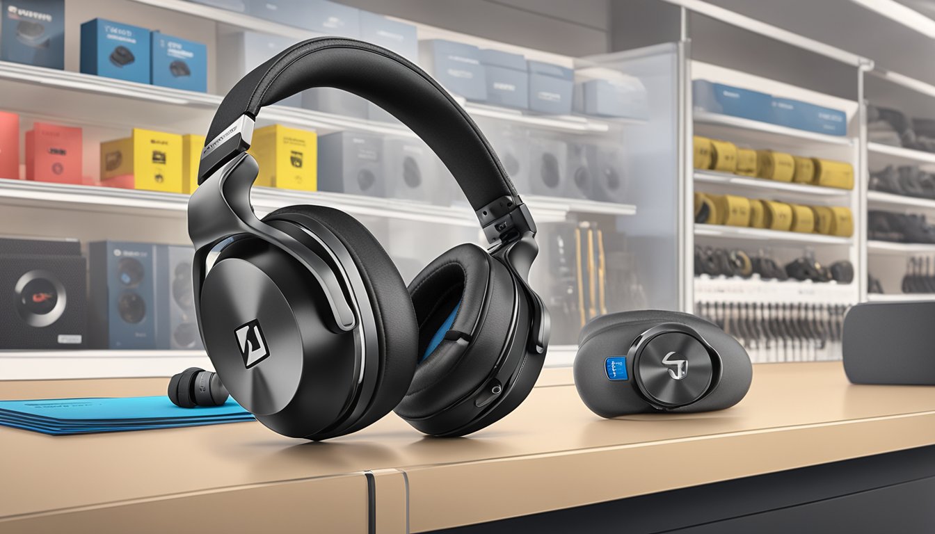 A person holding Sennheiser Momentum 3 headphones, with a Best Buy store in the background. Displayed on a shelf with price tags and purchase information