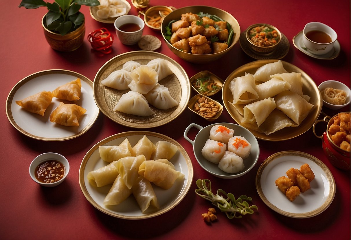 A table set with traditional Chinese New Year dishes, including dumplings, spring rolls, and steamed fish. Red and gold decorations adorn the background