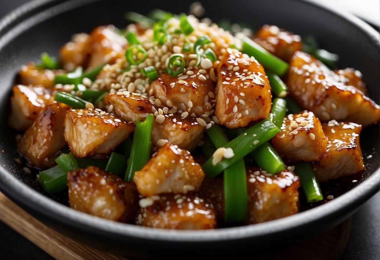 A wok sizzles as chicken, ginger, and garlic fry in soy sauce and sesame oil. Green onions and sesame seeds garnish the dish