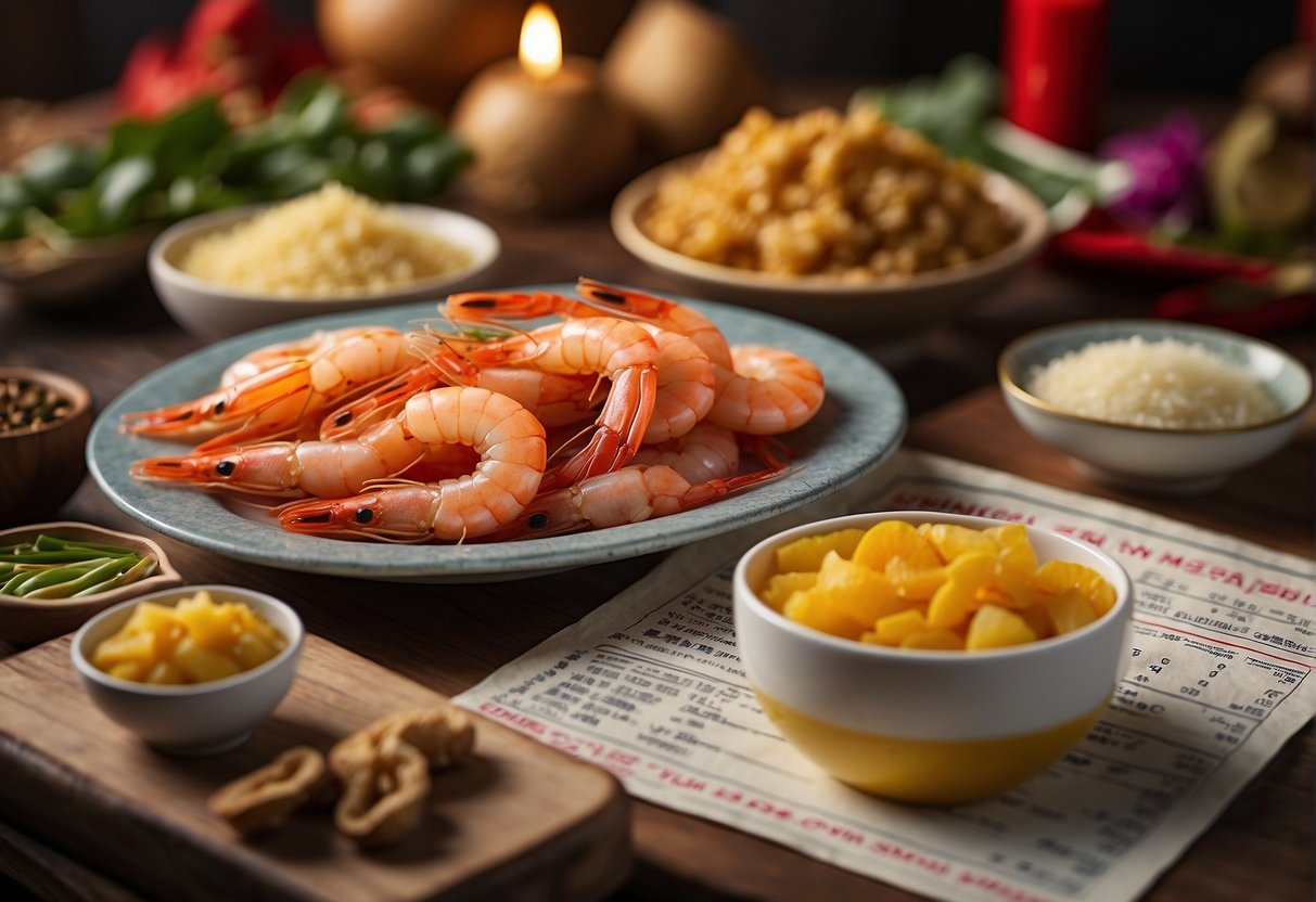 A table displays nutritional facts next to a plate of Chinese New Year shrimp. Ingredients like ginger and garlic are highlighted for dietary adaptations
